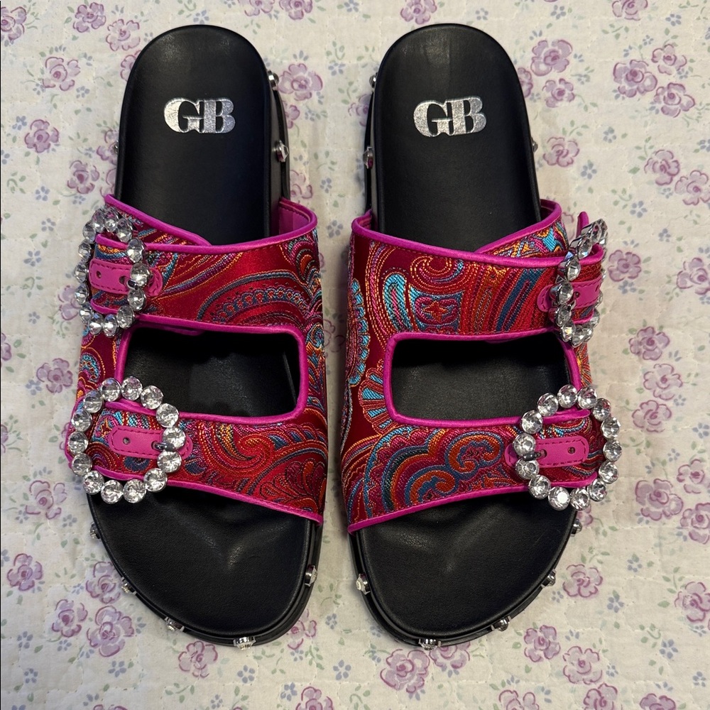 Gianni Bini Pink Paisley Slide Sandals with Crystal Buckles